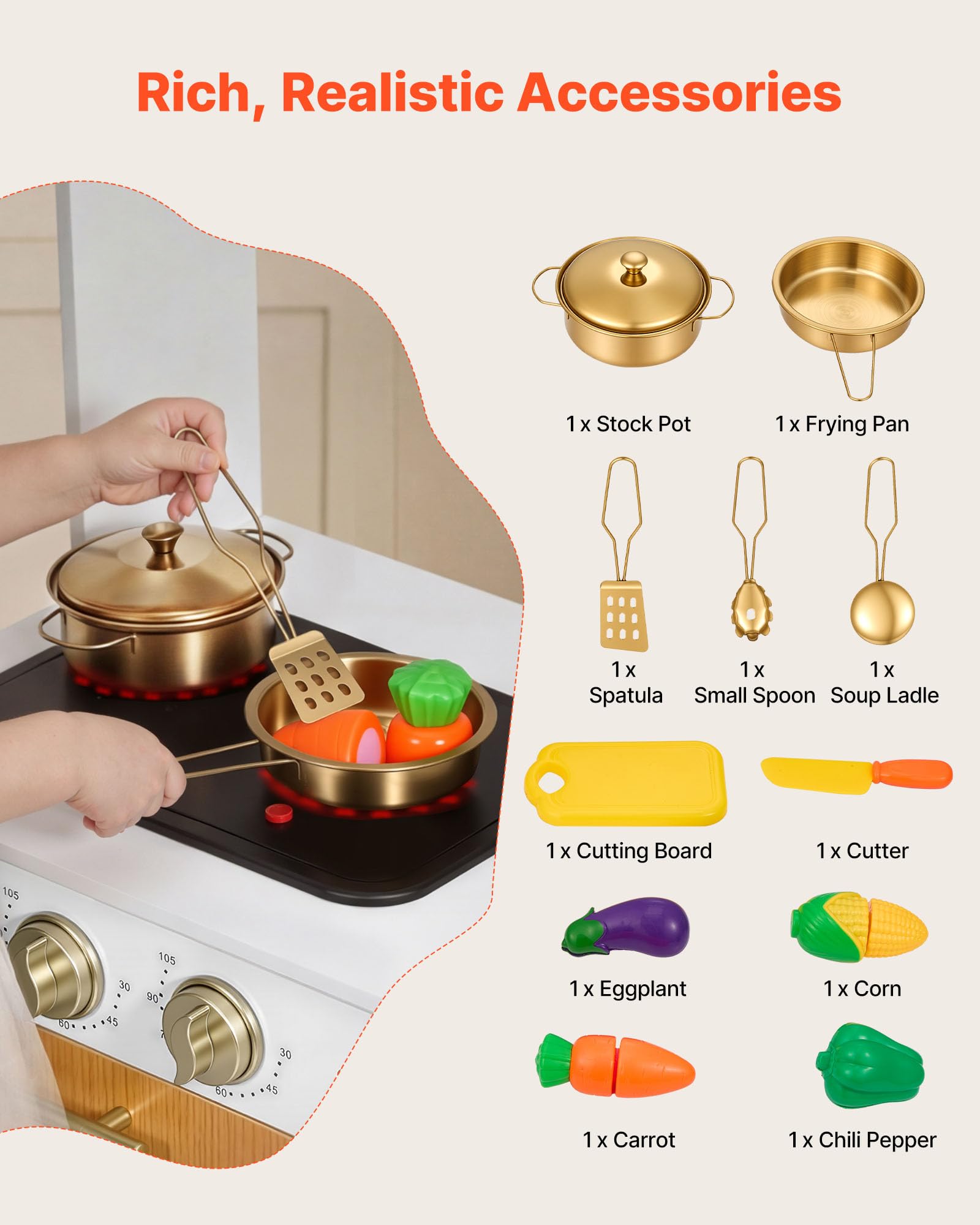 VEVOR Cocina de Juguete para Niños de 3 a 8 Años, Cocinita Infantil de Madera con Luces y Sonidos, Zonas Interactivas, Juego de Cocina con Almacenamiento, Microondas, Fregadero, Accesorios, Blanco