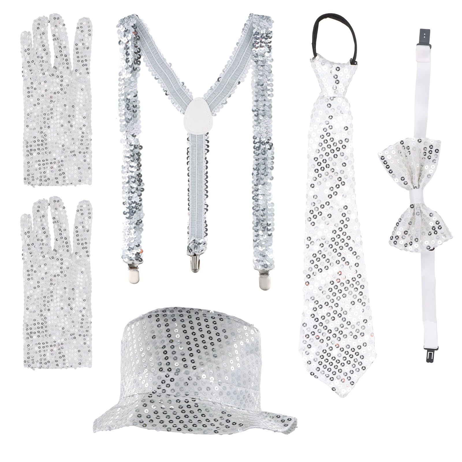 LUYANFX Pailletten, accessoires voor kostuums, 4 stuks pailletten, handschoenen voor kostuums met bretels, stropdassen, vlinderdas, accessoires voor heren voor carnaval, feest of vrijgezellenfeest