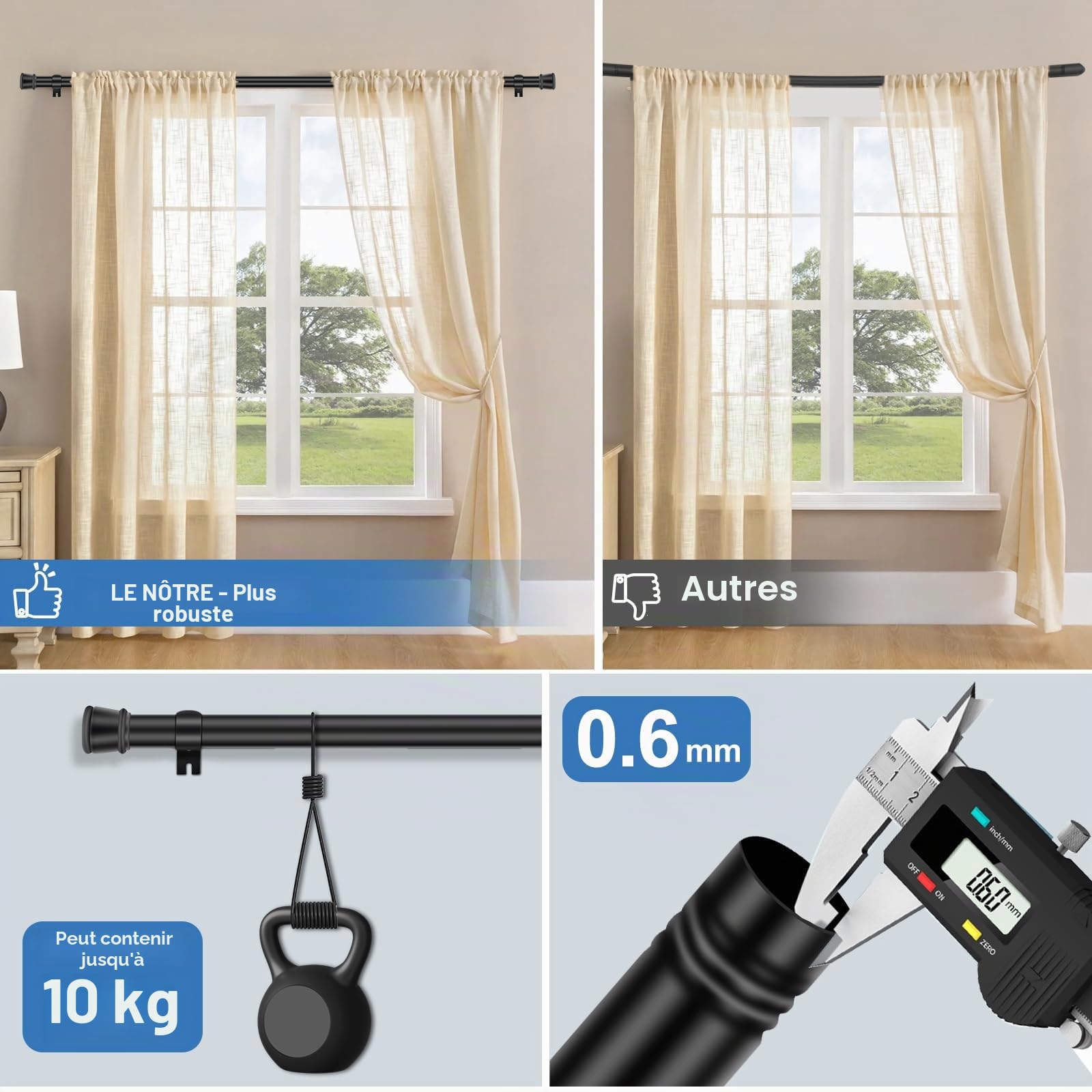 Tringles à rideaux robustes pour fenêtres 80 cm - 231 cm, ensemble de tringles ajustables de 2,54 cm avec supports, tringle métallique pour rideaux pour chambre, cuisine, salon 25LMG91BLK