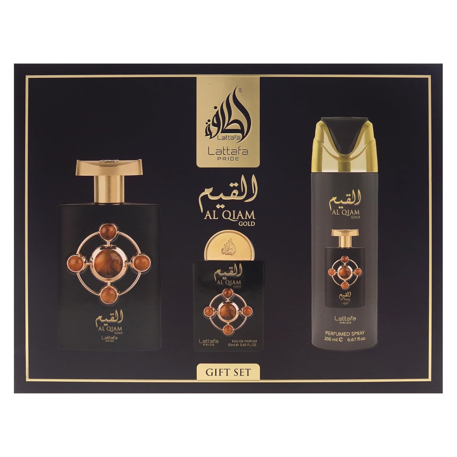Lattafa Pride - Al Qiam Gold for Men - 3 Pc Gift Set 3.4oz EDP Spray, 6.67oz Perfumed Body Spray, 0.67oz EDP Spray
