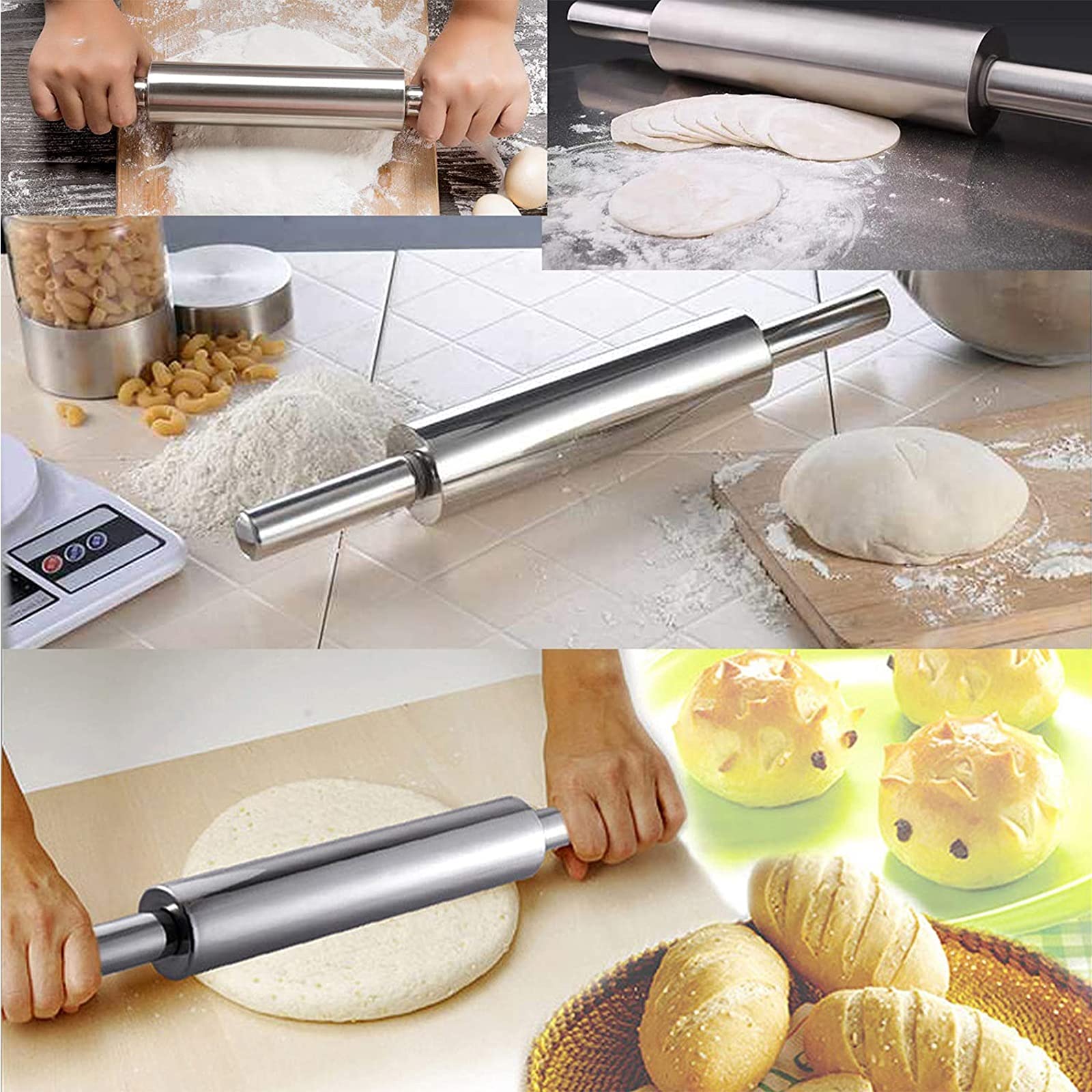 15-calowy wałek do ciasta ze stali nierdzewnej, metal ze stali nierdzewnej z uchwytem Najlepszy francuski wałek do ciasta, do pieczenia, fondant, ciasto, ciasto, ciastka, ciasto do pizzy