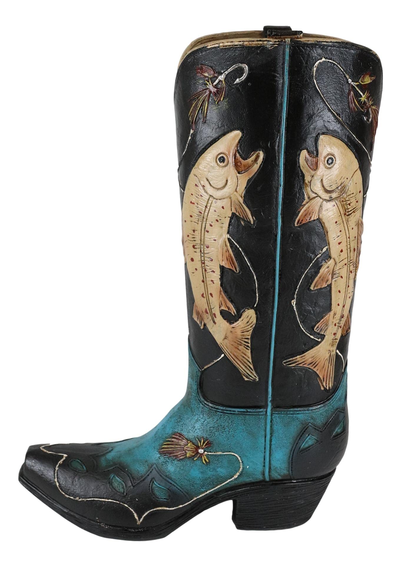 Ebros Rustic Western Fishing Angler Jumping Bass Fishes Cowboy Cowgirl Boot Decorative Figurine Or Floral Vase Planter Tooled Leather Finish Table