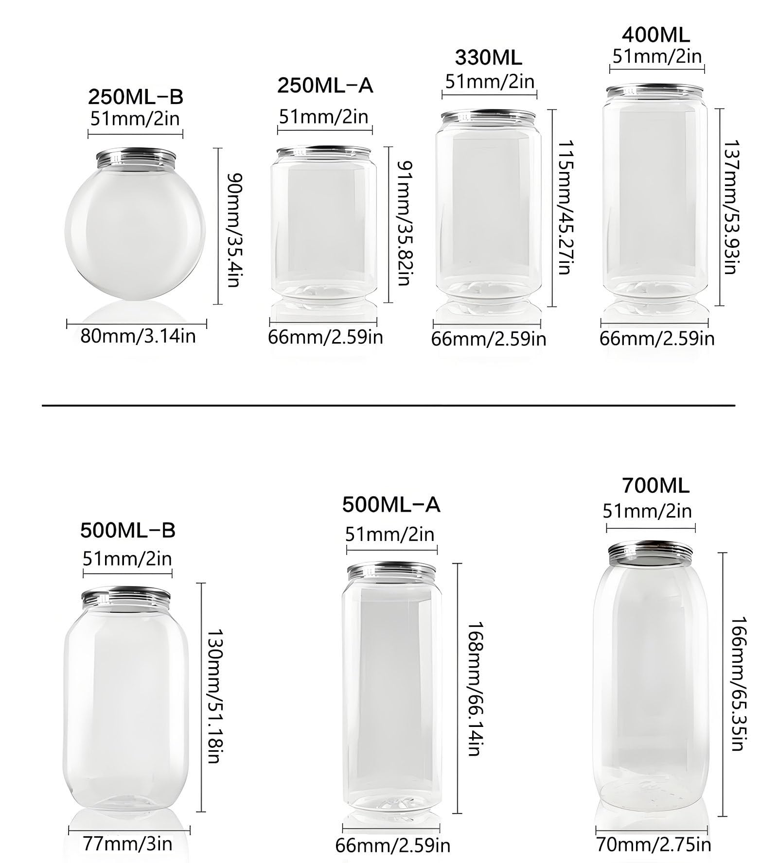 Bottiglie trasparenti per succhi con coperchio, contenitori sigillabili per succhi, latte, tè, caffè, acqua frizzante, set da 100, 500 ml ciascuna