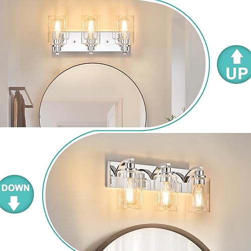 Miniatura 4 de Lámparas de baño de 3 luces, modernas luces cromadas para tocador de baño, accesorios de iluminación sobre espejo con pantalla de vidrio