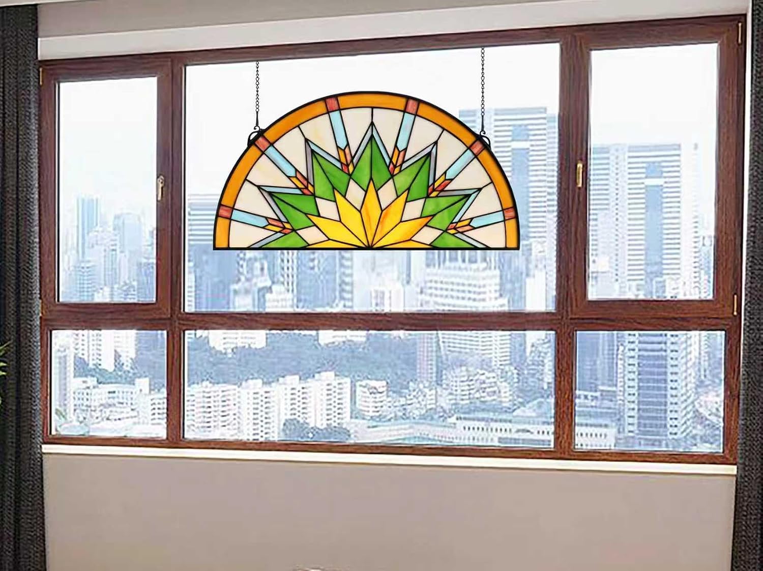 Yogoart Inch Half- Round Stained Glass Window Panels Hanging Transom Window 24" X 12" Home Decor (Muticolored Rays)