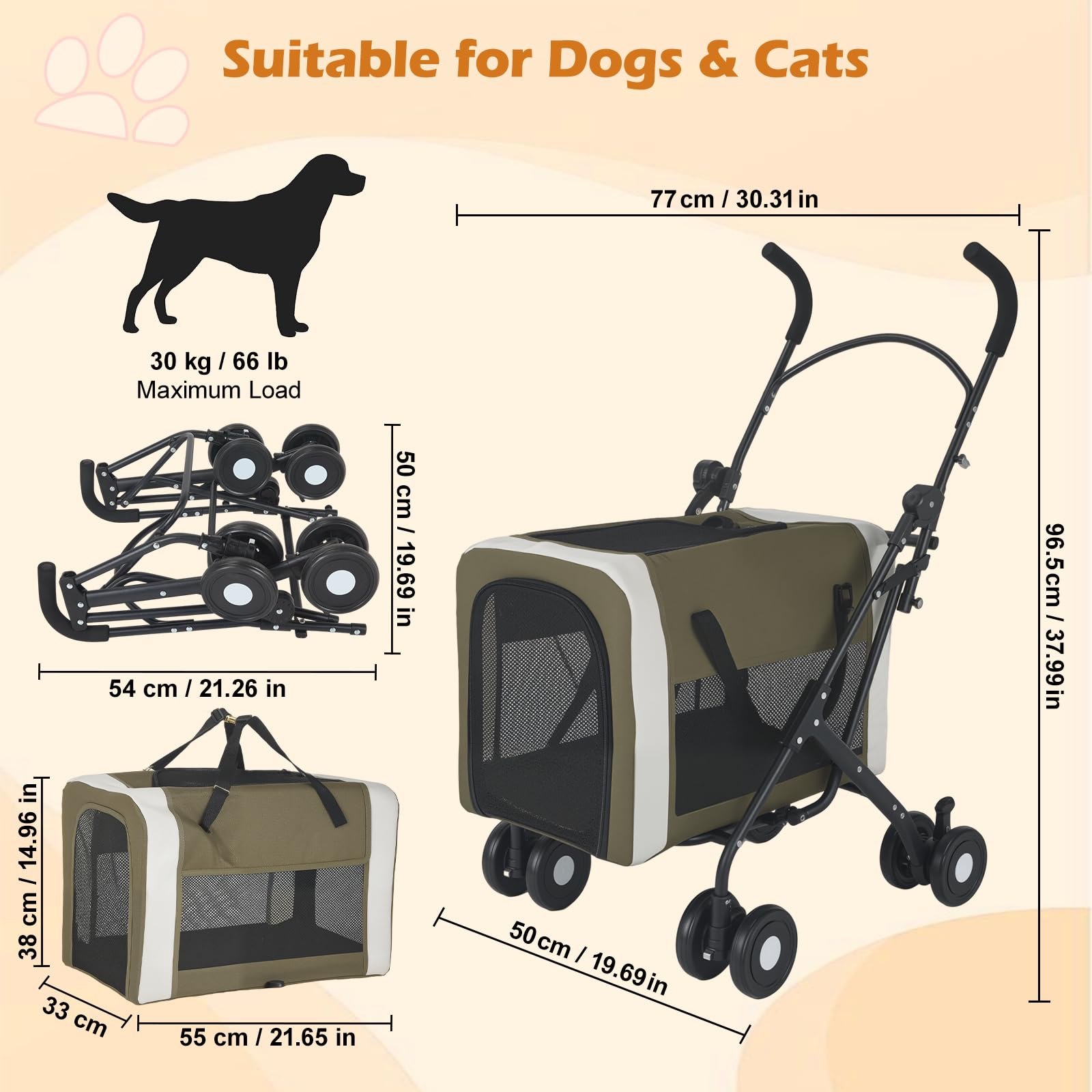 Poussette pour Chiens et Chats 30 kg, Poussette/Transporteur 2 en 1 pour Animaux de Compagnie, Panier Pliable à Deux Points d'entrée, Promeneur de Chien Portable en Plein air
