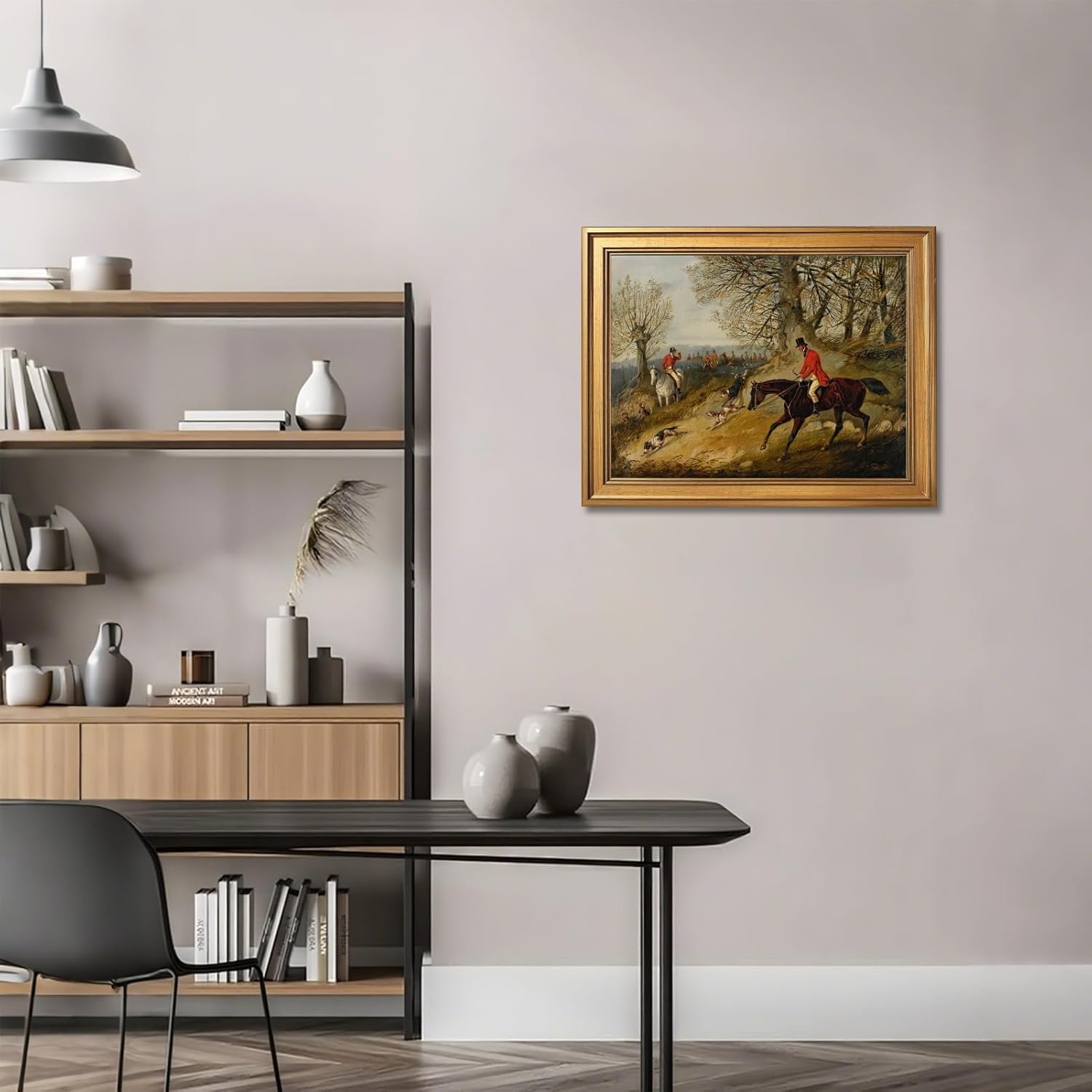 Gold Framed Fox Hunting Scene by Henry Thomas Alken Poster Wall Art Vintage Classic 19th Century Sports Oil Painting Reproduction Antique Equestrian Canvas Print for Home Bedroom Decor 12x16inch