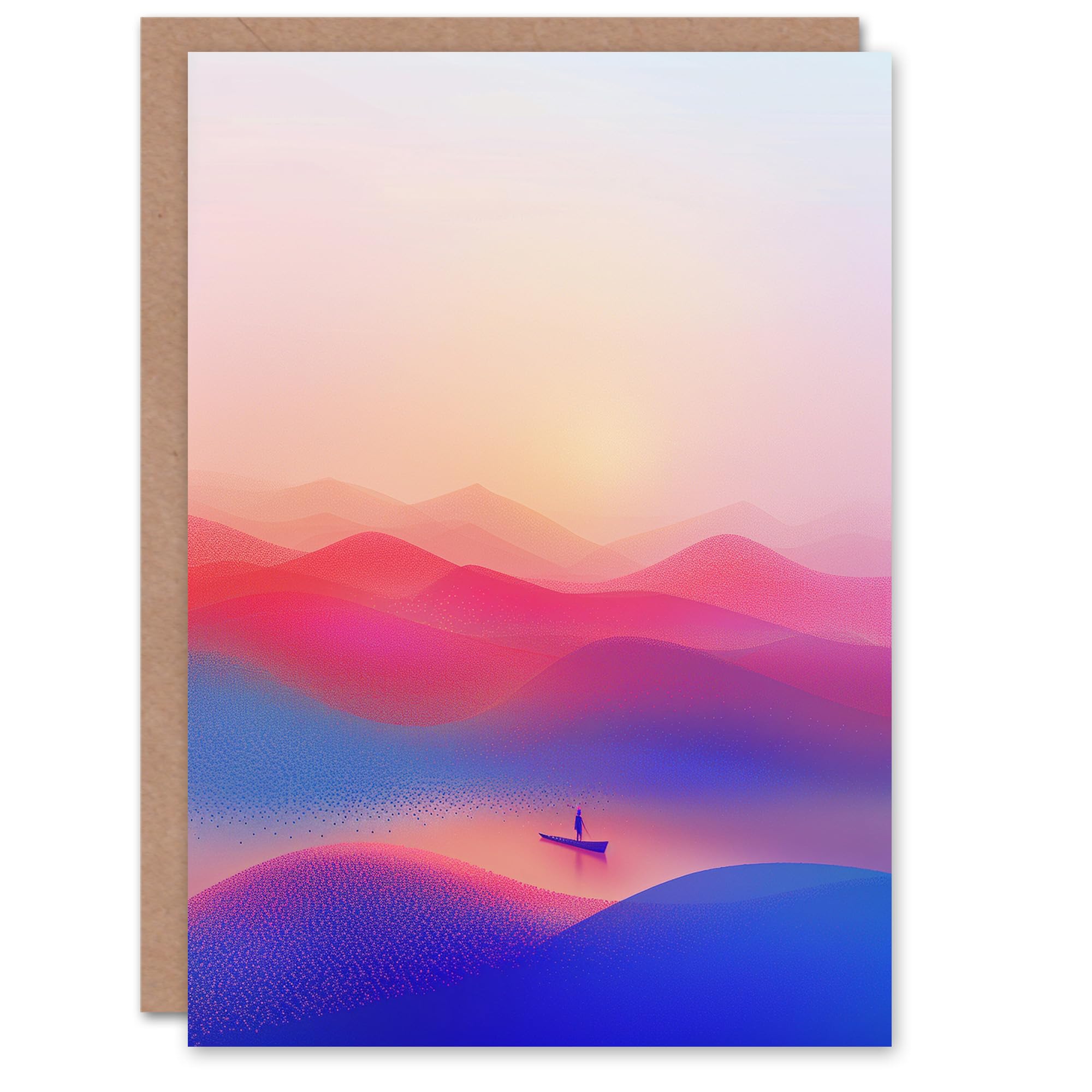 Artery8 Birthday Card Abstract Lake Canoe Pink Blue Landscape Sunrise Blank Arty Art All Occasion Greeting Card