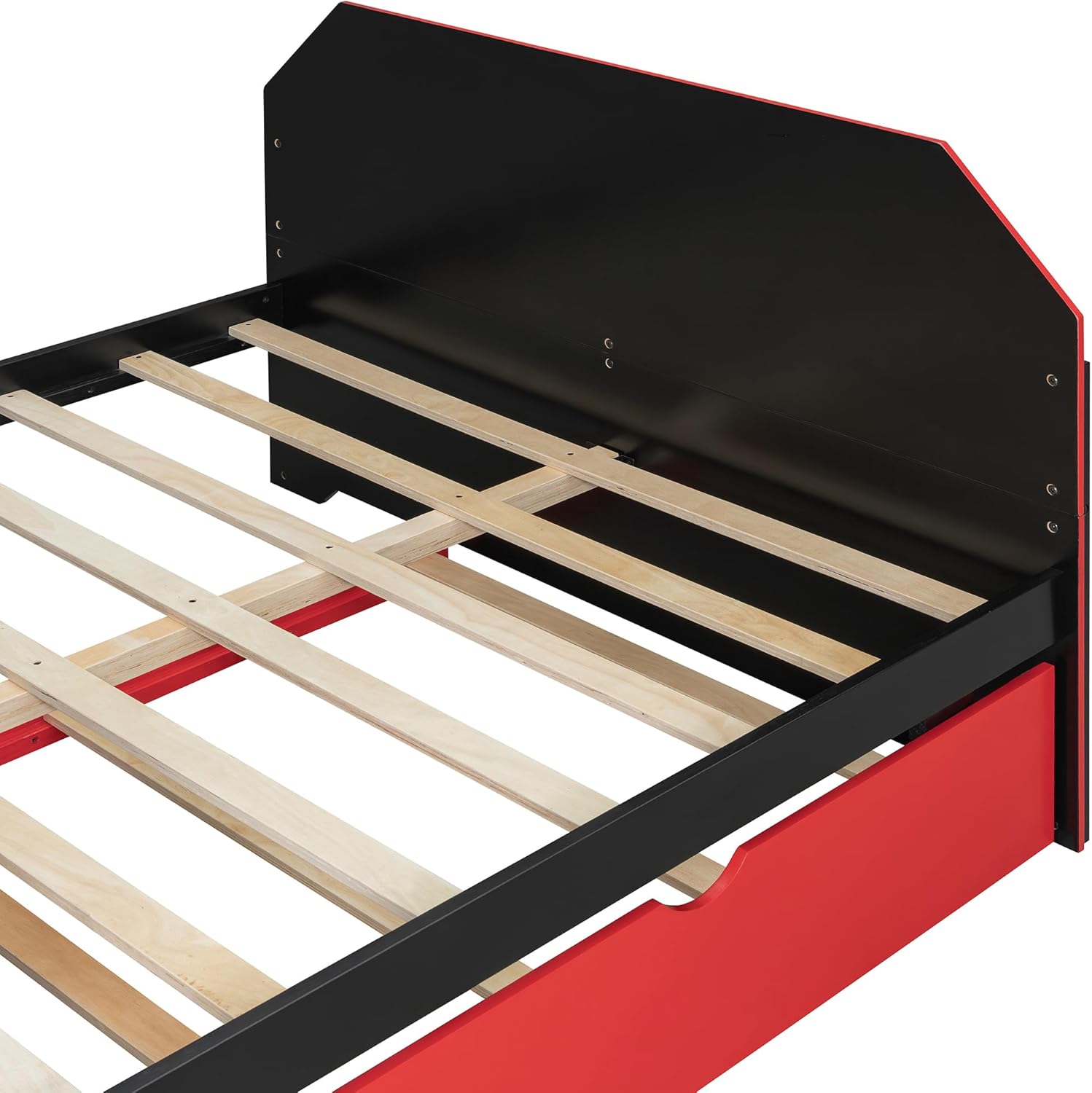 Close-up view of the wooden bed slats installed on the daybed frame.