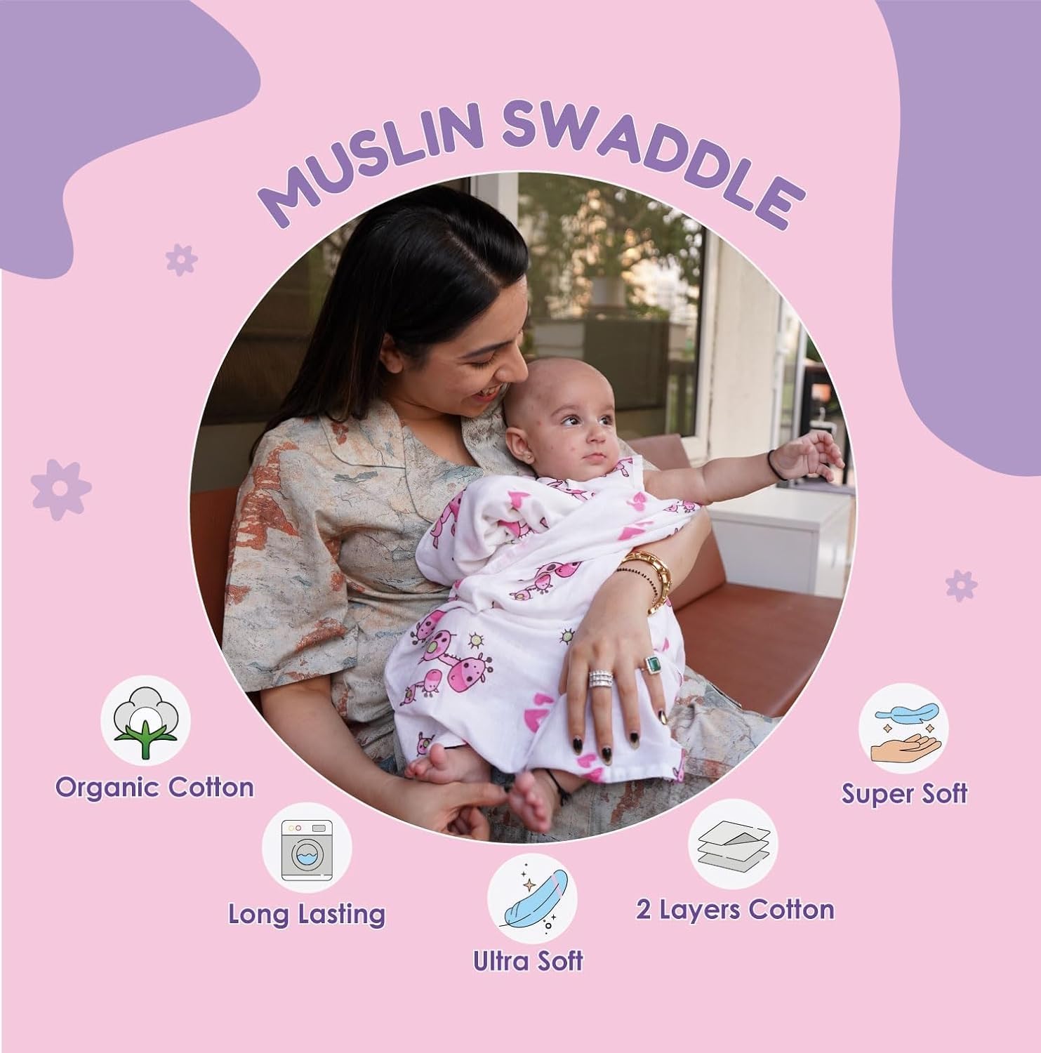 KmCho Muslin Cloth for New Born Baby, Ultra Soft Cotton Swaddle for New Born Baby, Breathable Baby Swaddle Wrap for New Born Essentials 1