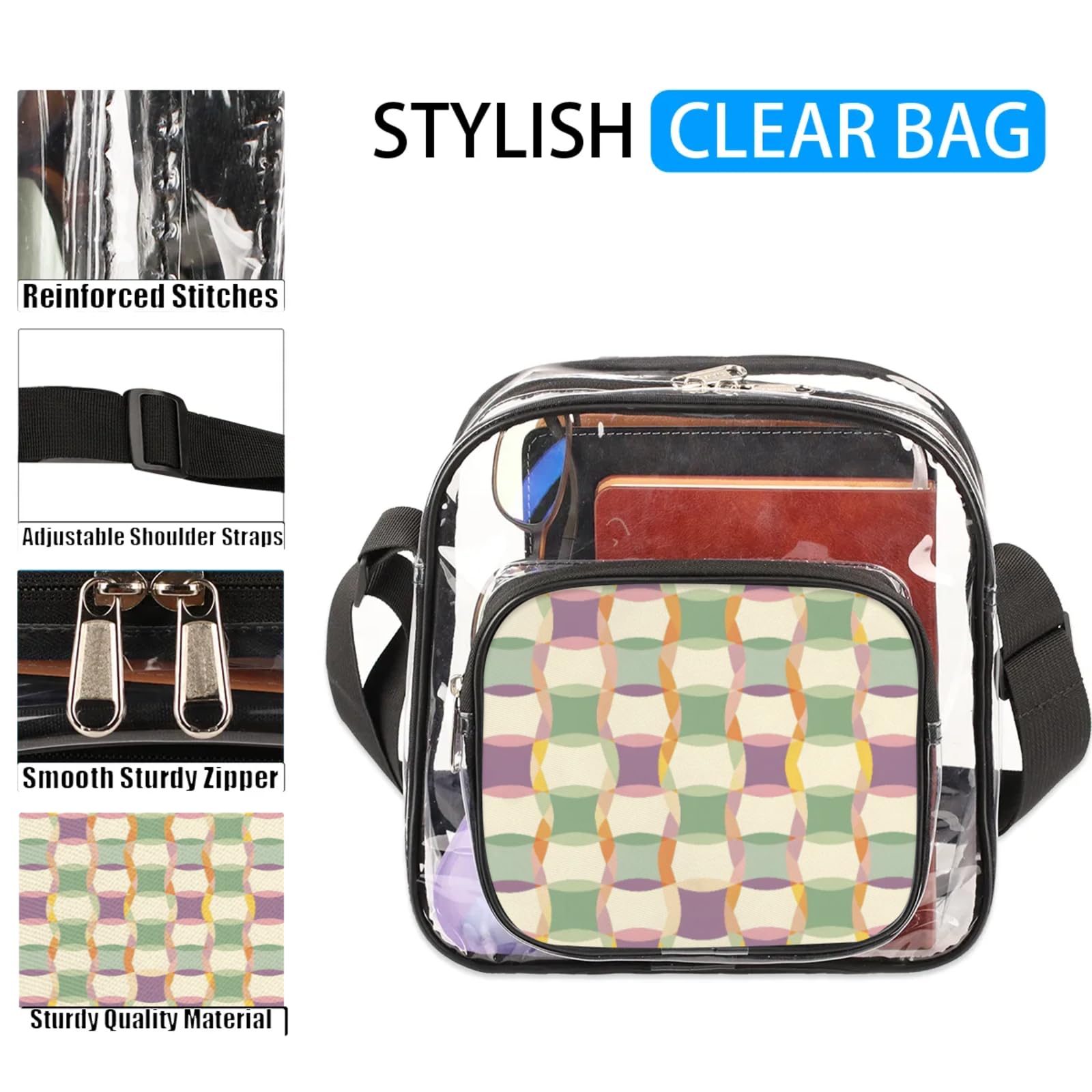 Clear Crossbody Bag Stadium Approved Geometrical Green Purple Transparent Bag for Festivals, Sports Events, Concerts,Beach Bag for Women Men Clear Purse with Front Pocket Messenger Bag