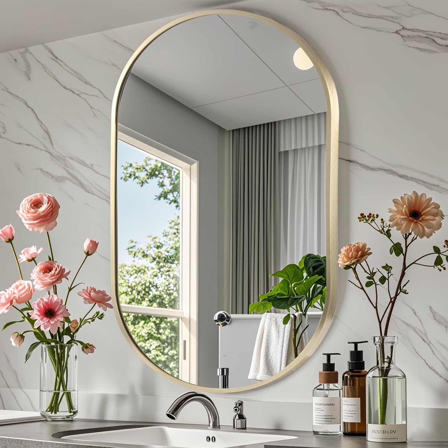 22x30 inch Oval Bathroom Mirror, Gold Vanity Wall Mirror with Brushed Metal Frame, Wall Mirrors for Bathroom, Entryway, Over Sink, Living Room