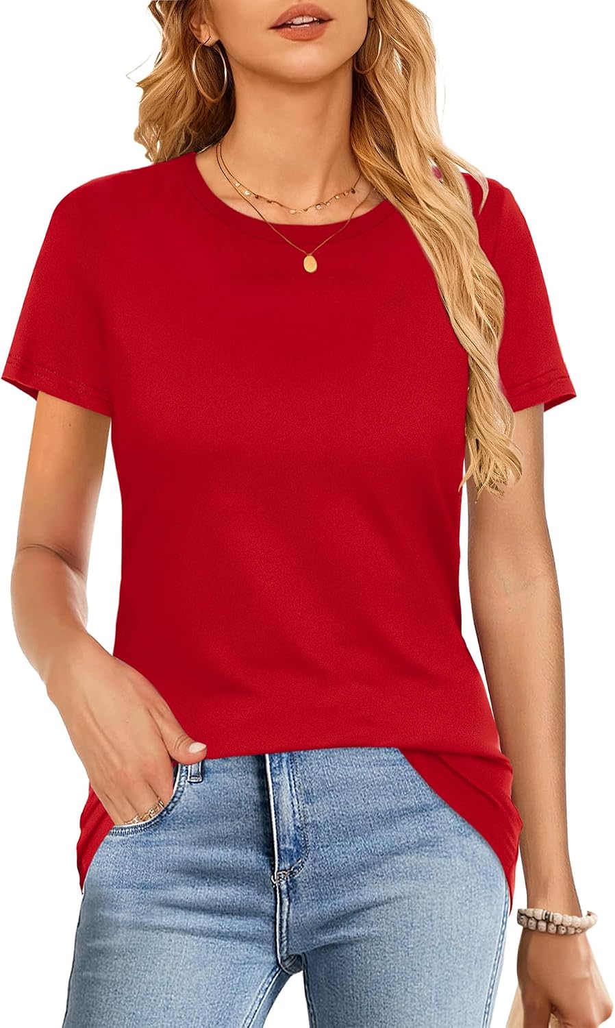 Elesomo Women's Summer Basic T-Shirts - Short Sleeve Crew Neck Slim Fit Tee Tops (Cotton Blend, Multiple Colors) - View #12