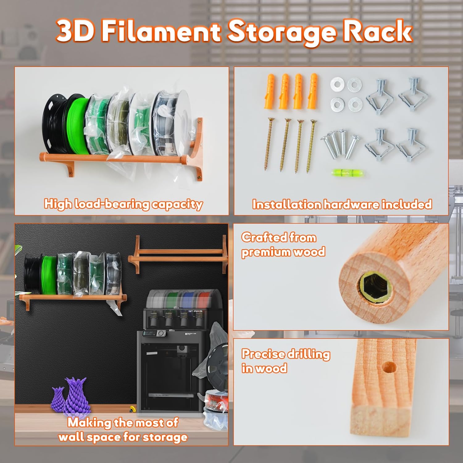 2PCS Wooden Filament Storage Rack, Space-Saving Wall-Mounted 3D Printer Filament Organizer System, Sturdy PLA/ABS/TPU Spool Holder for Clutter-Free Workshop & 3D Printer Accessories Storage Solution