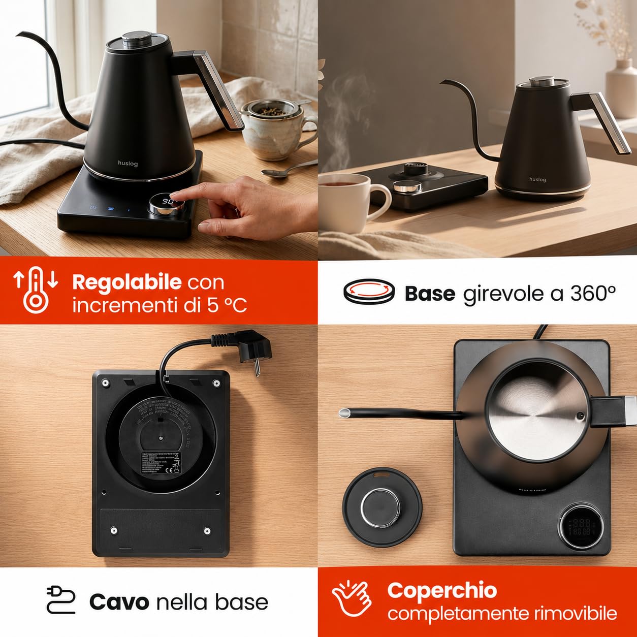 Bollitore elettrico 1L con regolazione della temperatura 40-100°C, collo di cigno, display LED, funzione di mantenimento al caldo, 1100 W, acciaio inossidabile 304, nero argento, base con