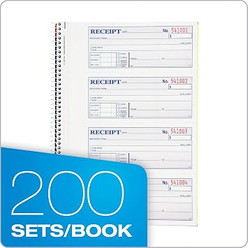 Adams Money and Rent Receipt Book, 2-Part Carbonless, 7-5/8 x 11, Spiral Bound, 200 Sets per Book, 4 Receipts per Page (SC1182), White/Canary