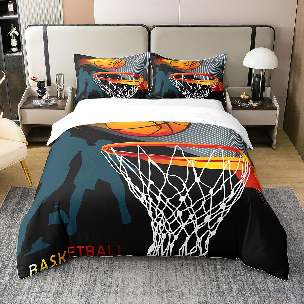 Loussiesd Sports Basketball 100% Cotton Duvet Cover Single Size Set Sports Theme Bedding 100% Cotton Set Boys 3D Basketball Pattern Comforter Cover Slam Dunk Quilt Cover Bedroom Collection 2Pcs