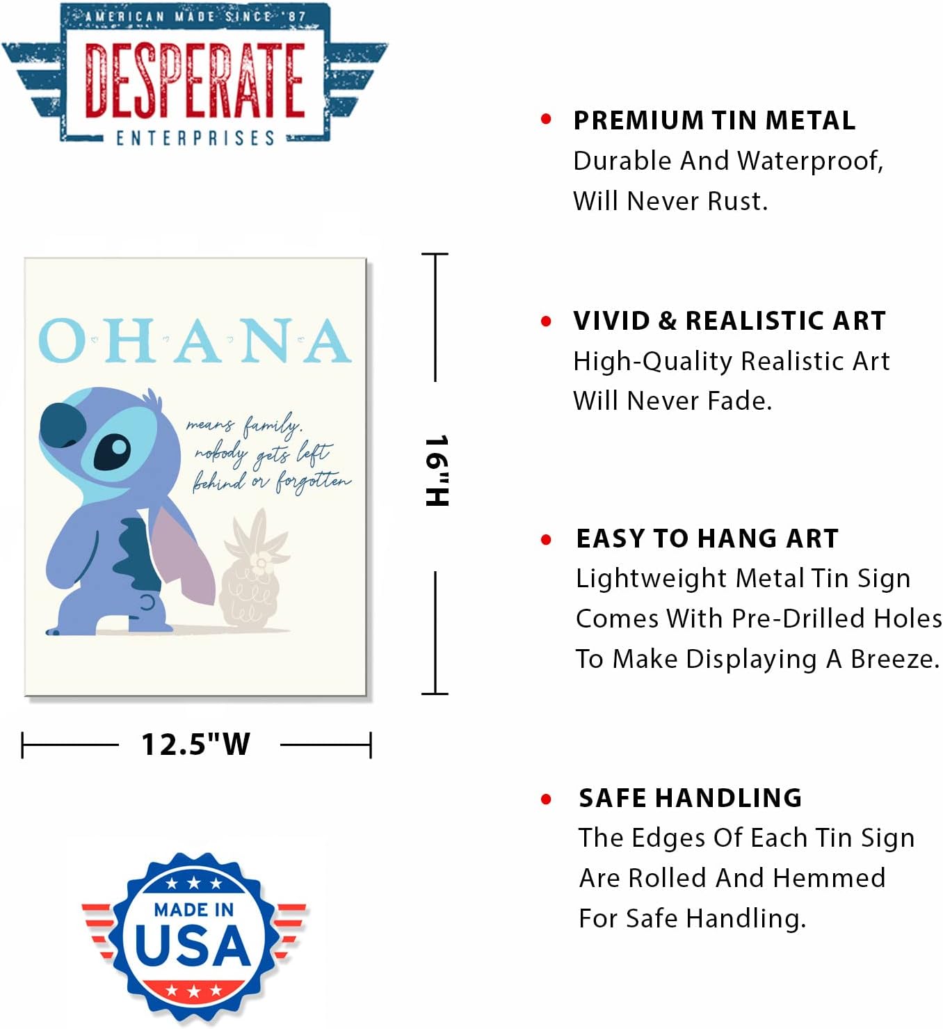 Desperate Enterprises Stitch Ohana Tin Sign - Nostalgic Vintage Metal Wall Décor - Made in USA image 2