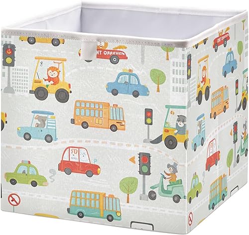 Kigai Cubo de almacenamiento de autos de dibujos animados, 11 x 11 x 11 pulgadas, cubos de almacenamiento plegables de tela, cestas de