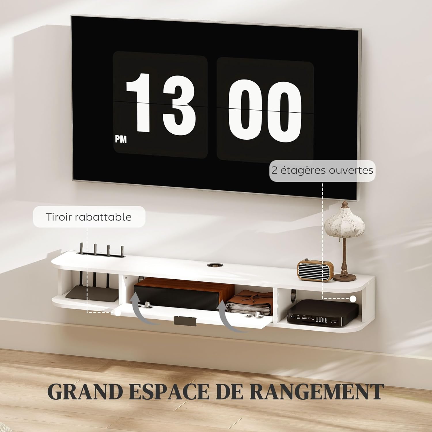 Diagram showing the TV stand with labels for flip-down drawer and open shelves