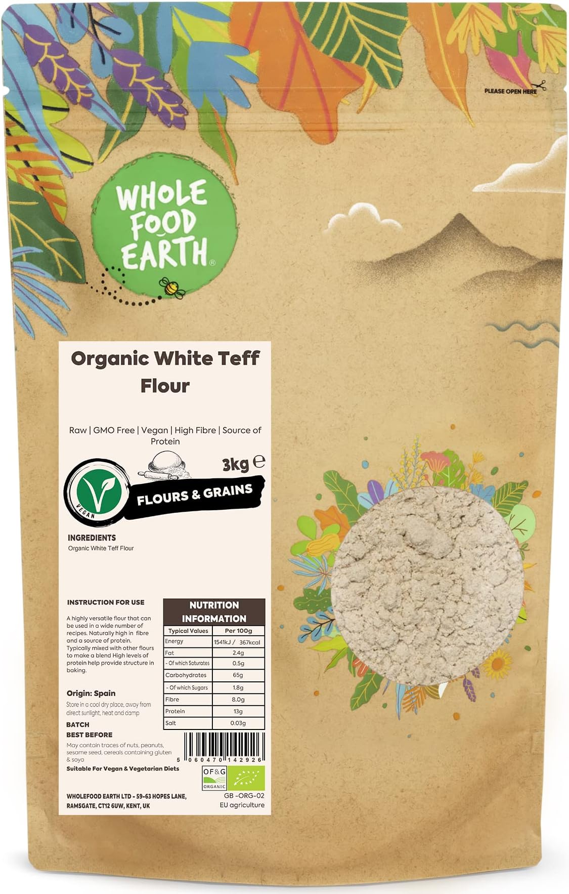 Wholefood Earth Organic White Teff Flour – 3 kg | Raw | GMO Free | Vegan | High Fibre | Source of Protein | Certified Organic