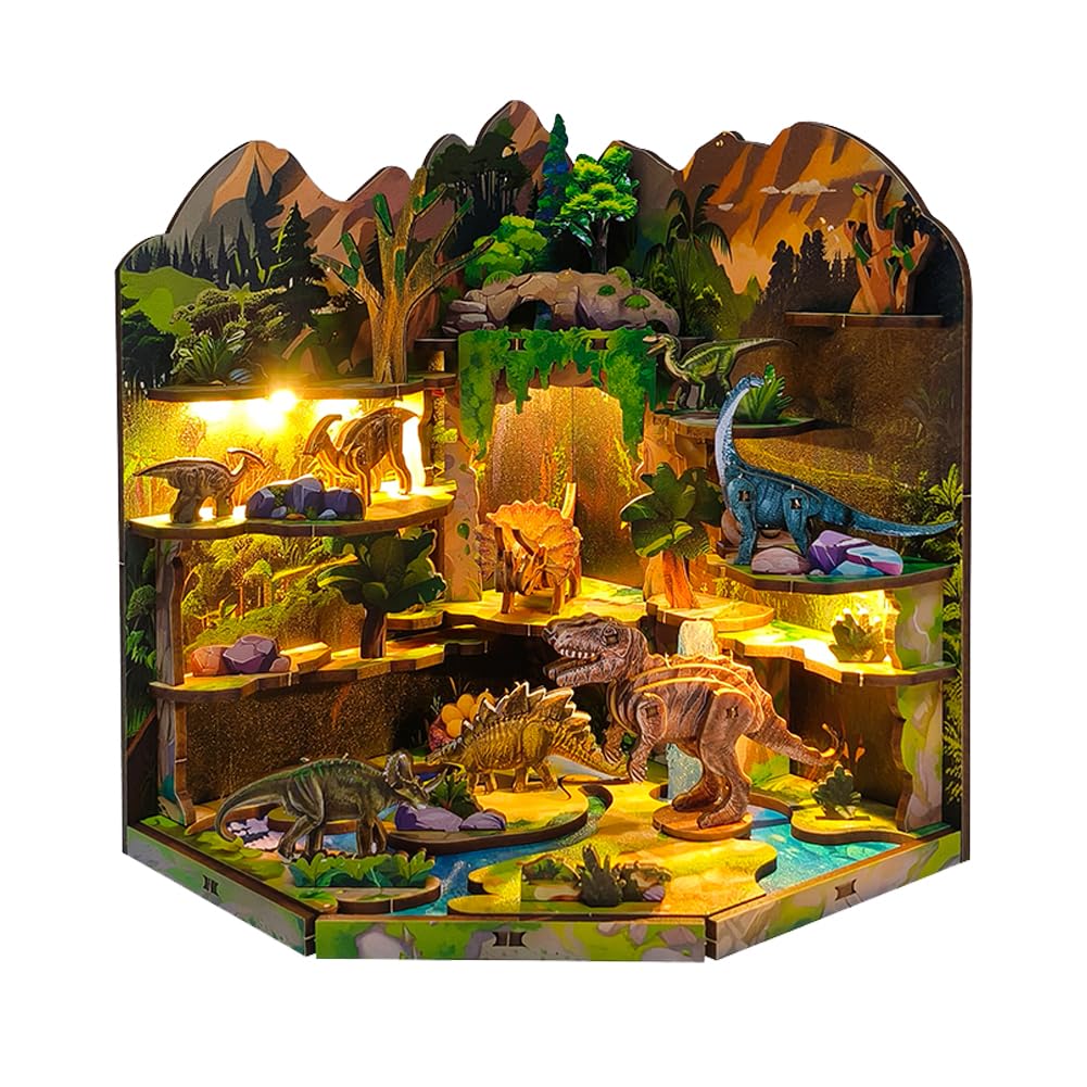 Mini Dinosaur World Dolls House Puzzle Model Kit, DIY Dollhouse Accessories Miniature Furniture with LED Light, 1:24 Scale Creative Room Decor for Teen Adult (Dinosaur Realm)