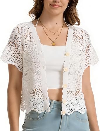 Womens Sheer Cropped Cardigan Hollow Out Floral Crochet Open Front Lightweight Sweater for Dress Cover Up