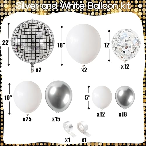 Miniatura 2 de Kit de arco de globos de bola de discoteca, globos blancos y plateados, guirnalda de diferentes tamaños con grandes bolas de espejo plateado