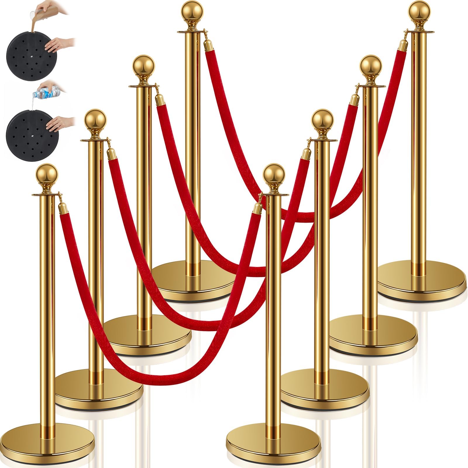 Stainless Steel Stanchion Post Queue 5 ft Red Velvet Rope Red Carpet Ropes and Poles Crowd Control Barriers Sand Injection Hollow Base and Velvet Ropes Set for Party Supplies (8 Pieces, Gold)