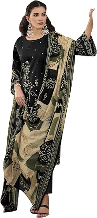 ladyline Cotton Bandhej Printed Salwar Kameez Suit Set for Women - Ethnic Mirror Work - Lawn Cotton Dupatta with Pants