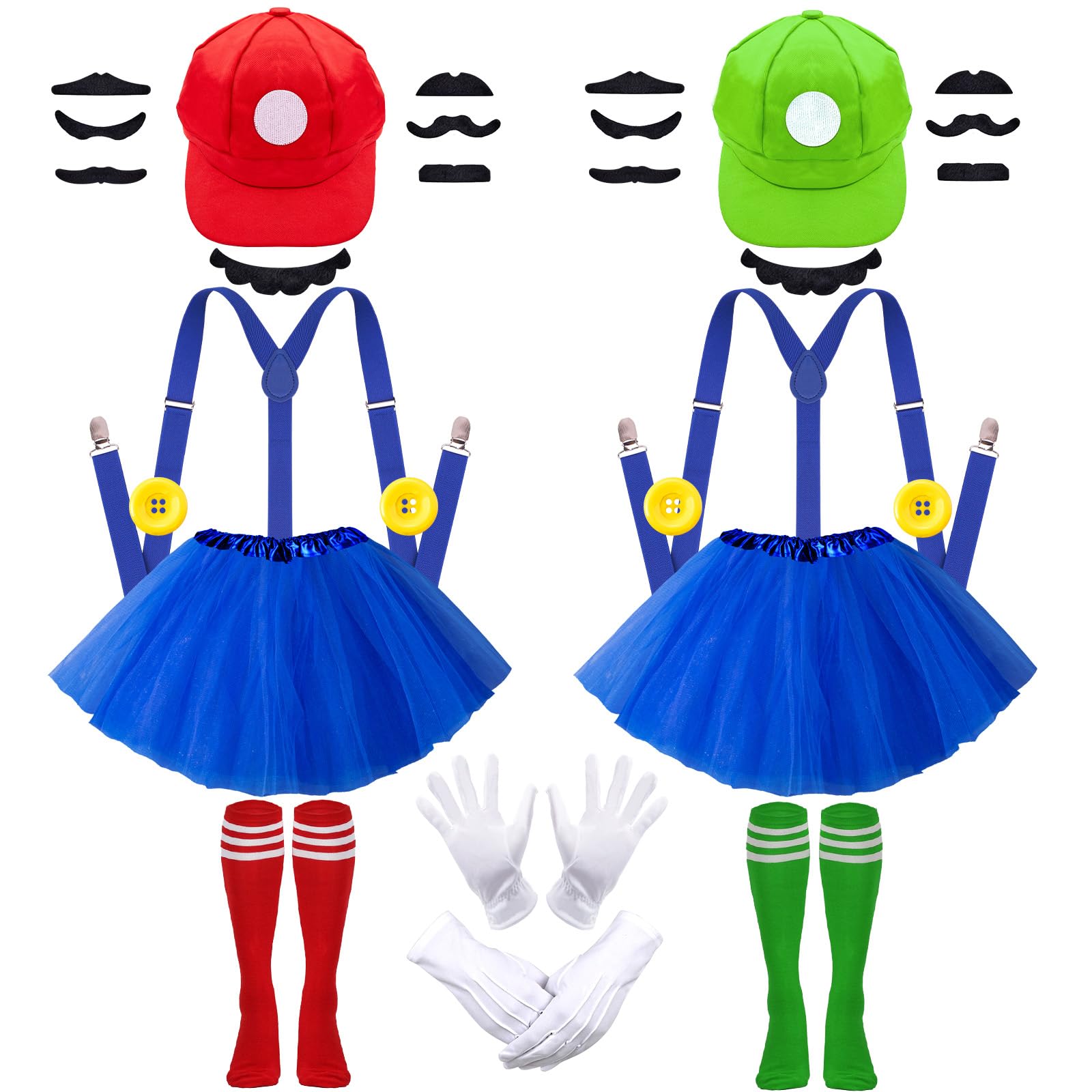 C1 Halloween Costumes Adult Women, Super Bros Costume Funny Halloween Costumes Accessories Hats, Tutu Skirt ,Gloves, Suspenders, Buttons, Mustaches Cosplay Fancy Dress Party Set for Girls Boys