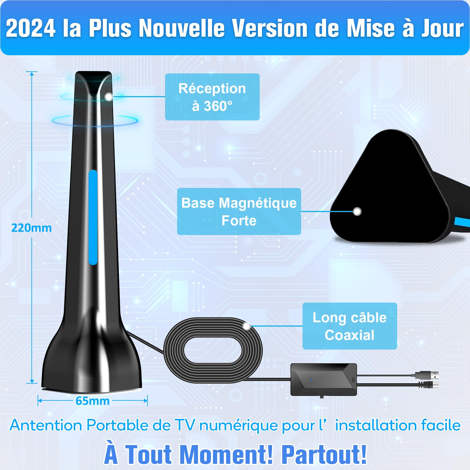 Antenne TNT Intérieure Puissante 2025 Avec Amplificateur - Portée 120 Km, Gain 25 DBi, Base Magnétique - Réception HD/4K Gratuite (TF1, France 2, M6, Etc.) - 3