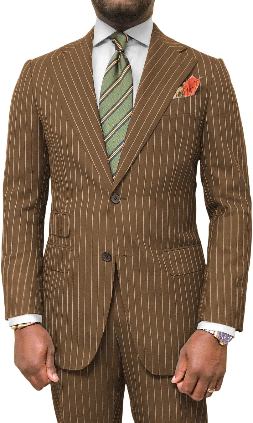 Wangyue Men's Slim Fit Navy Blue Pinstripe Suit, 2 Piece Suit for Formal Business, Wedding, Prom, Adult Men, Large