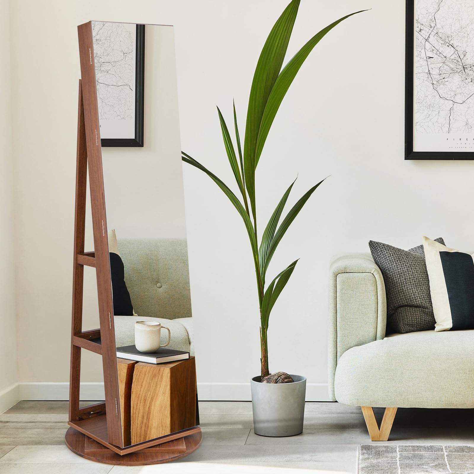 GOPLUS Armoire à Bijoux Avec Miroir Sur Pied, Armoire à Bijoux Rotative à 360° Avec Lumière LED 3 Couleurs, Organisateur De Bijoux Verrouillable, Étagère De Rangement, Miroir Intégré (Café