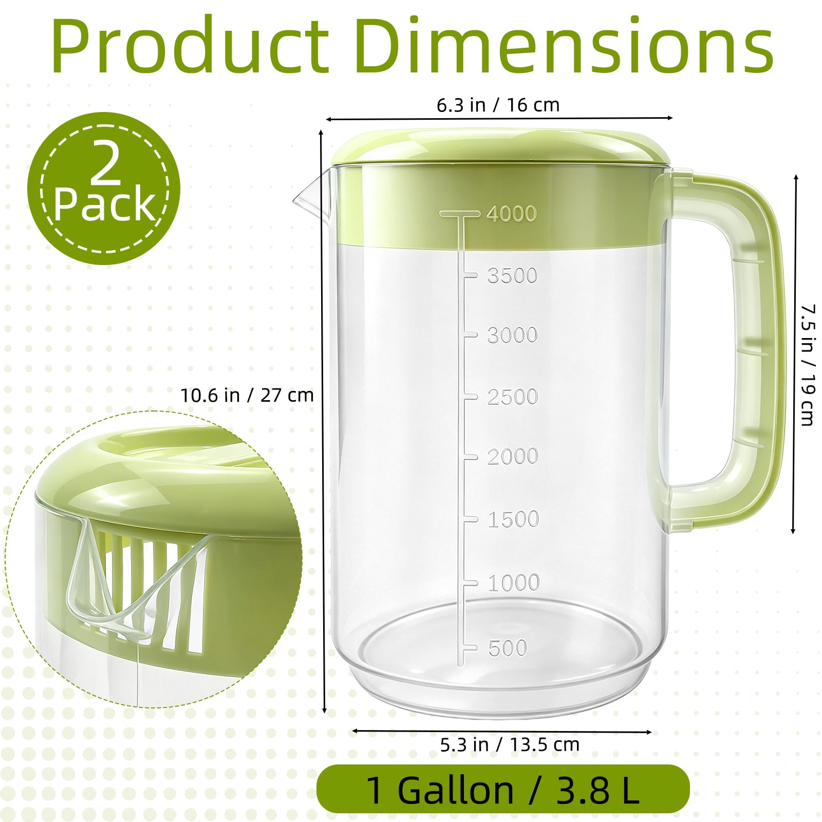 Nexboraque Paquete de 2 jarras coladoras de plástico de 1 galón con tapa, jarra de agua grande con asa y medidas para bebidas frías, jarra de té helado para limonada, leche, jugo, bebidas, verde