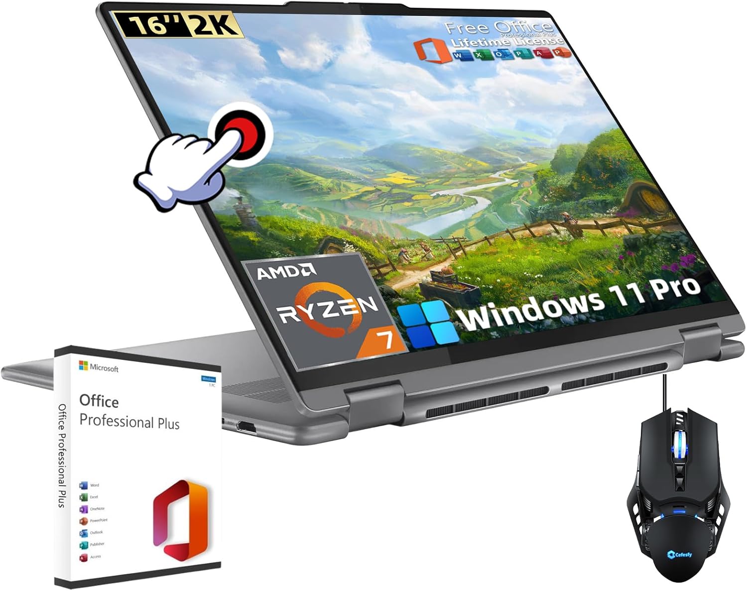 Lenovo Yoga 7 2-in-1 Laptop Computer - 16" 2K Touchscreen Display, AMD Ryzen 7 8840HS CPU, 16 GB DDR5 RAM, 1TB SSD, Backlit KB, Wifi6E, Fingerprint, Win 11 Pro, with Microsoft Office Lifetime License