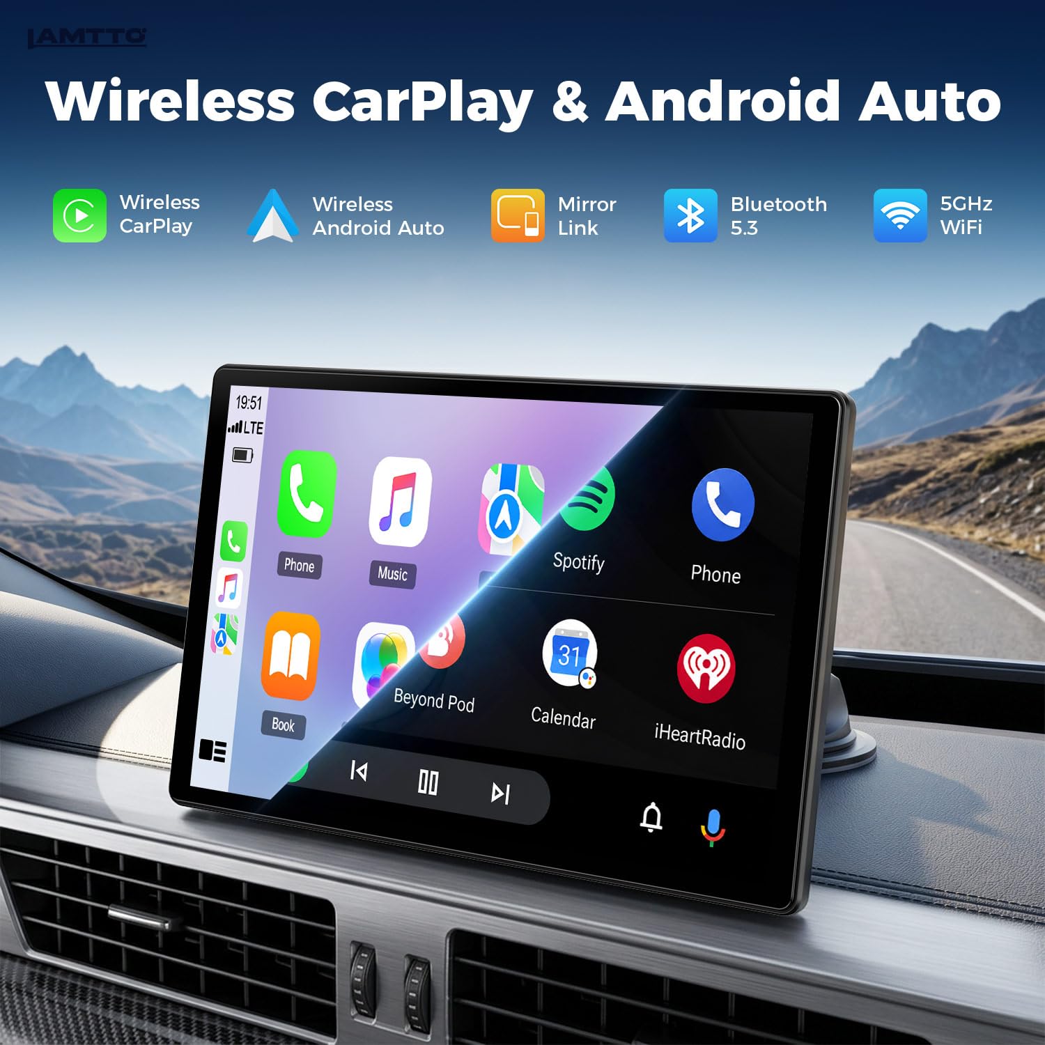 LAMTTO 2026 Upgrade 11 Zoll Wireless Carplay Display mit Apple CarPlay und Android Auto, Tragbares Car Play Touchscreen mit GPS Navigation, Bluetooth, AirPlay,AUX,Anschluss für alle Fahrzeuge