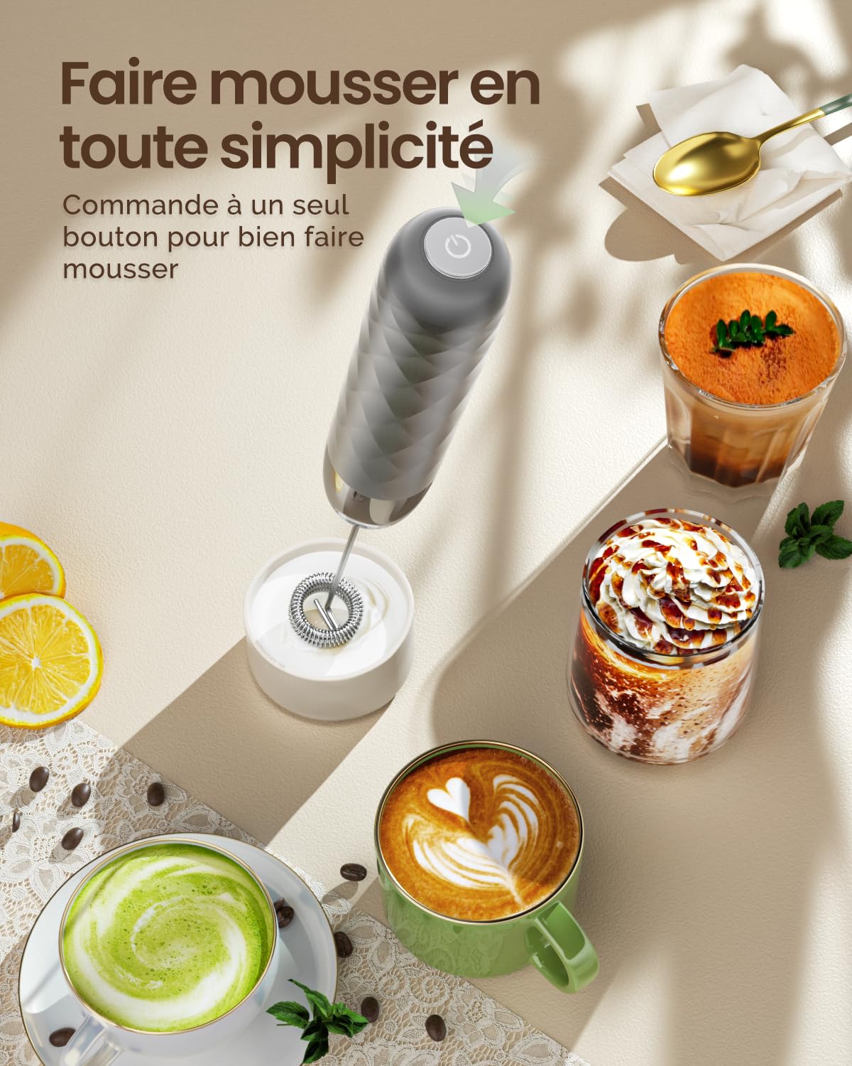 Maestri House Mousseur à Lait Électrique, Rechargeable Mousseur a Lait, Fouet en Acier Inoxydable, Portable Mini Mixeur pour Café, Latte, Cappuccino, Matcha, Lunafro Mini (Sans Support)