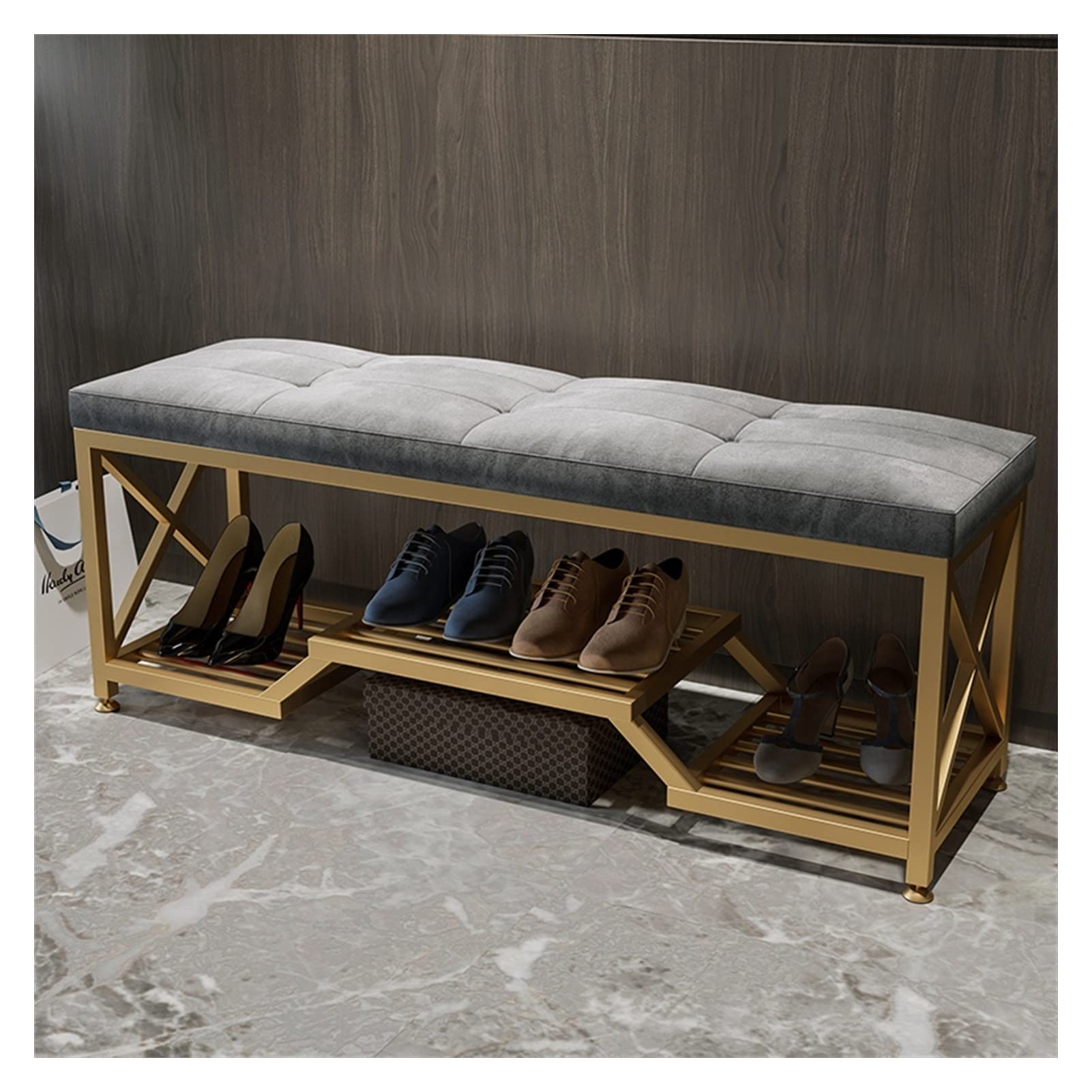 Banc à chaussures 2 niveaux avec siège rembourré et cadre en métal style F