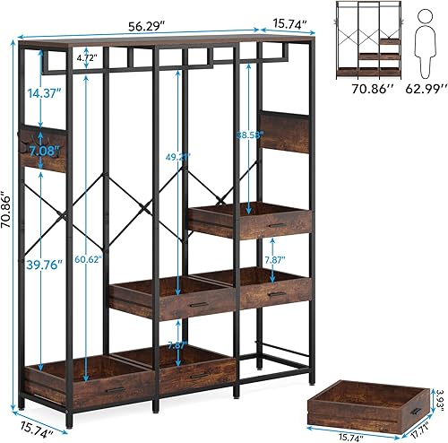 Miniatura 6 de Tribesigns Organizador de armario independiente para colgar ropa estante de ropa resistente con 6 cajones abiertos 6 ganchos y estante de
