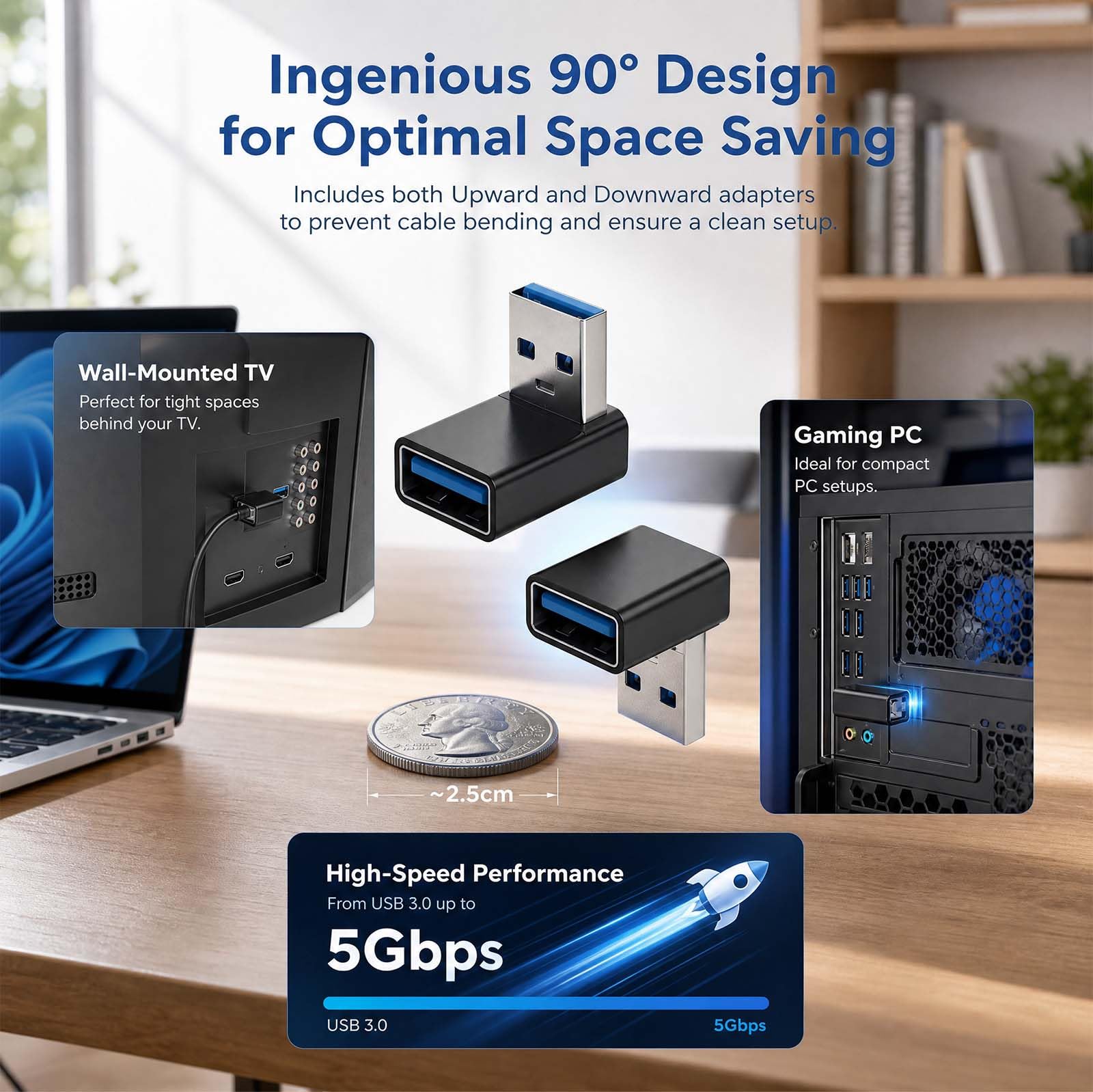 HENGBIRD 4 sztuki USB 3.0 wtyczka kątowa 90 stopni, wtyczka USB-A, czarna obudowa aluminiowa, do 5 Gbit/s i adapter kątowy USB w kształcie litery L do komputera, telewizora, konsoli do gier i