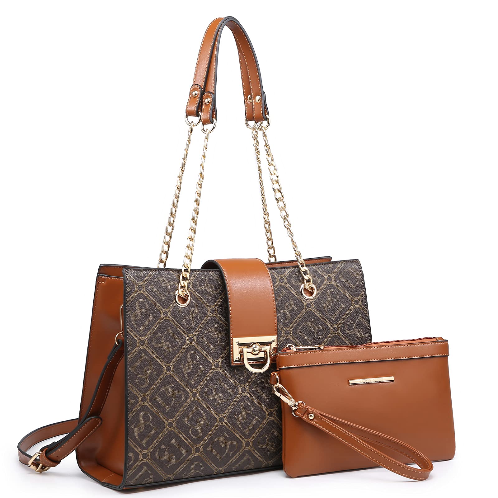 DaseinWomen Fashion Tote Bags Handbag Purse Chain Shoulder Bag Top Handle Bag Hobo With Matching Clutch (Monogrammed Coffee 1)