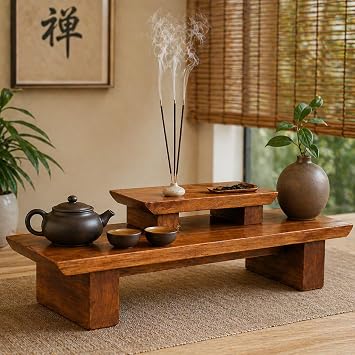 Meditation Altar table – 21 x 7.5 x 6 Inch Handmade Tiered Puja Table for Relaxation, Prayer - Buddha Shrine Altar Made of Solid and Rich Mango Wood