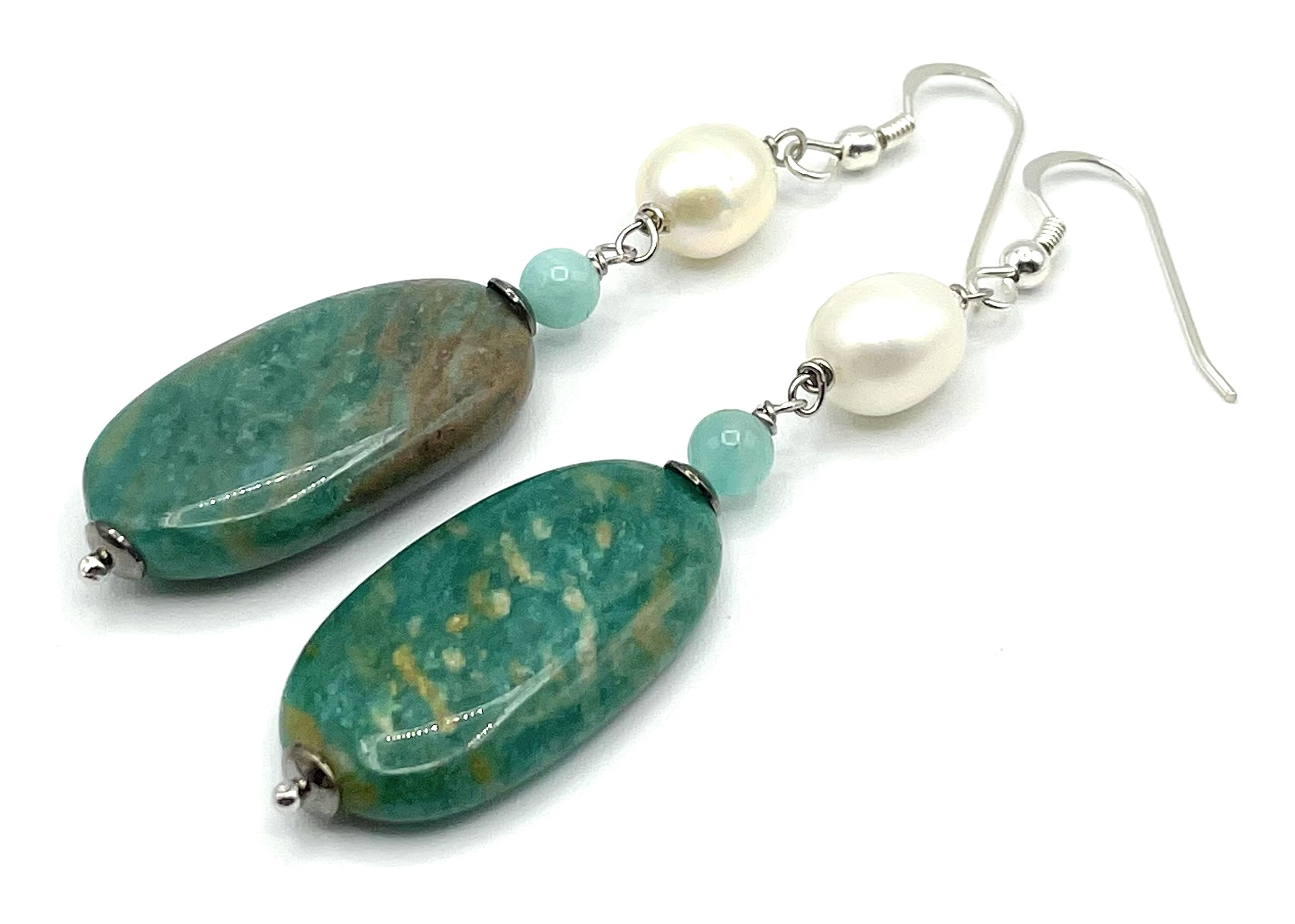 Orecchini con Amazzonite Turchese e Perle Bianche, Pendenti Lunghi, Argento 925, Gioielli Pietre Dure Naturali, Regalo per Lei, Bijoux