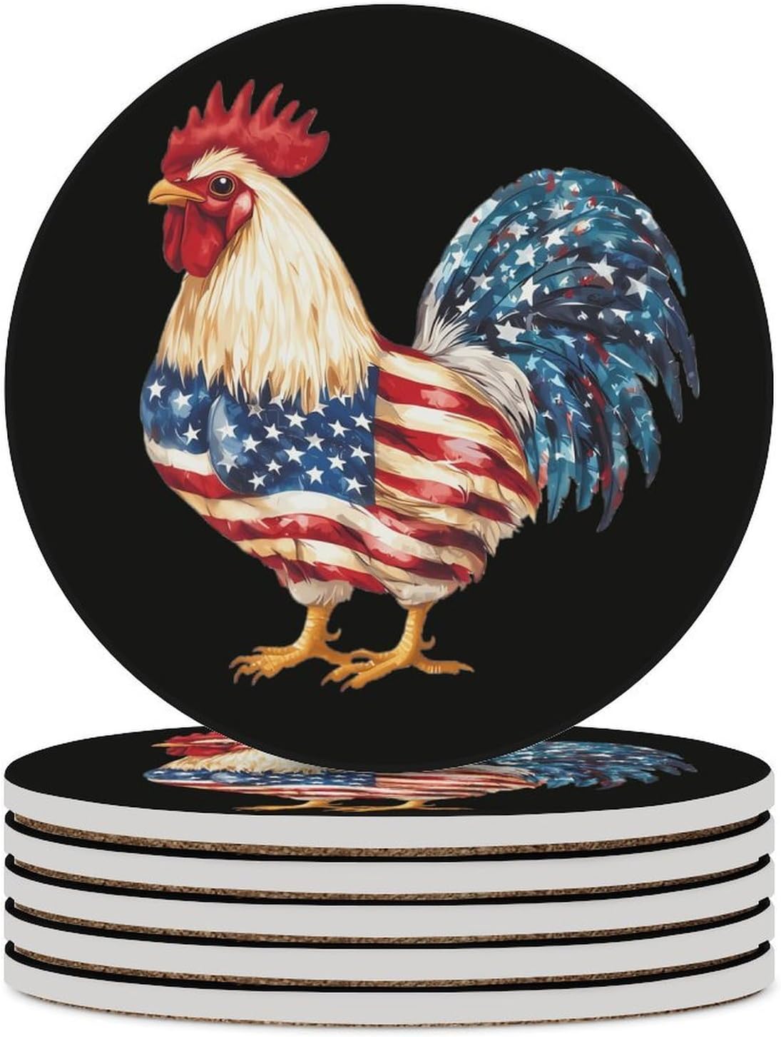 Cute Rooster in U.S.A. Flag Pattern Round Ceramic Coasters for Drinks Absorbent Cup Holder Tabletop Protector with Cork Base