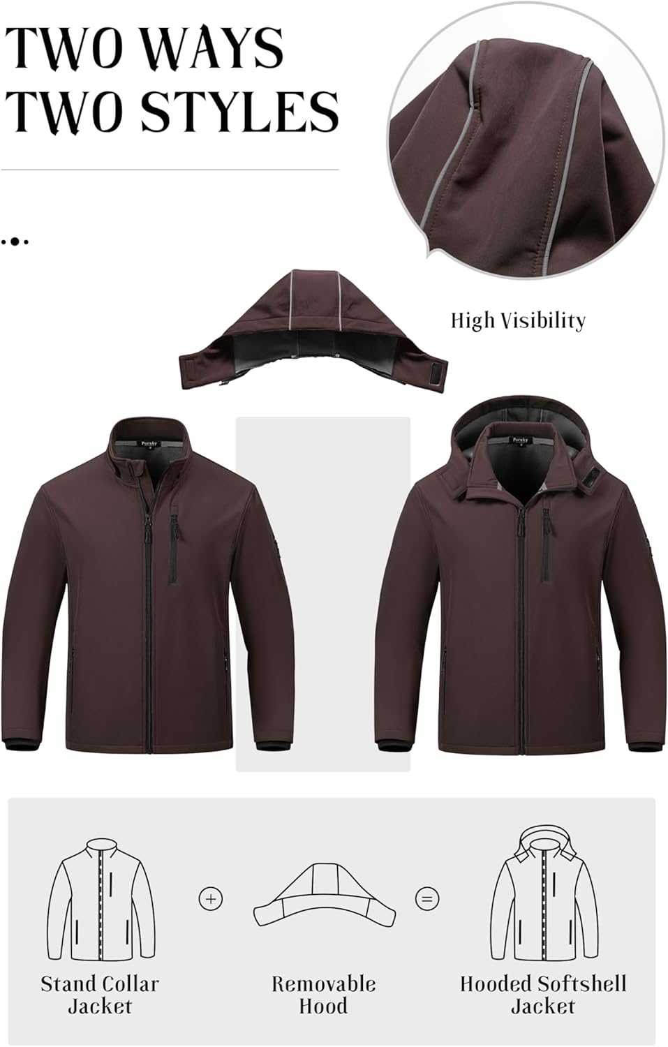 Pursky Men's Softshell Jacket Waterproof Fleece Lined Windbreaker With Removable Hood Lightweight Tactical Jacket