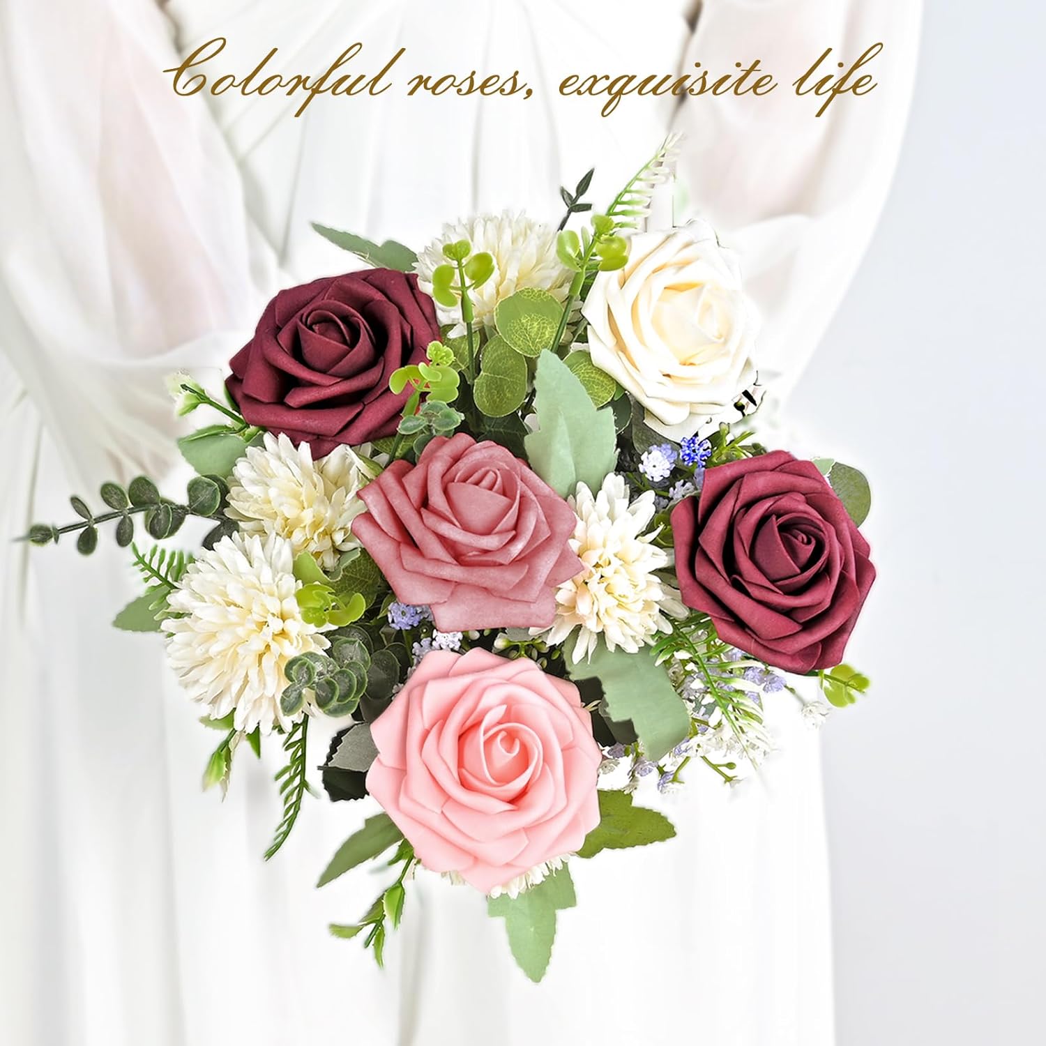 BLEUM CADE 16Pcs Artificial Flowers Fake Roses with Stems, Gradient Burgundy Boxed Foam Roses for DIY Bouquets Centerpieces Wedding Party Arrangement Bridal Shower Decor - Image 7