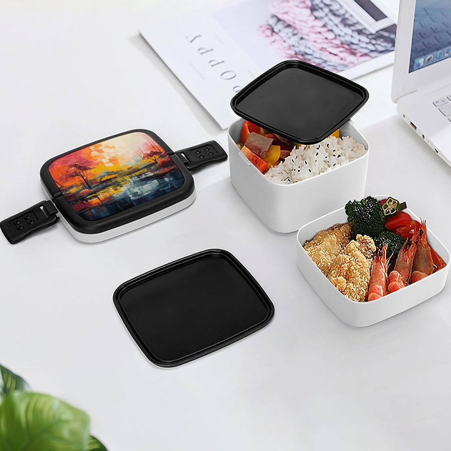 Adults Lunch Box Adult Bento Box Stackable Bento Box BPA-Free Colorful Painting Lunch Box Food Container Ideal for Meal Prep, Work, And On The Go
