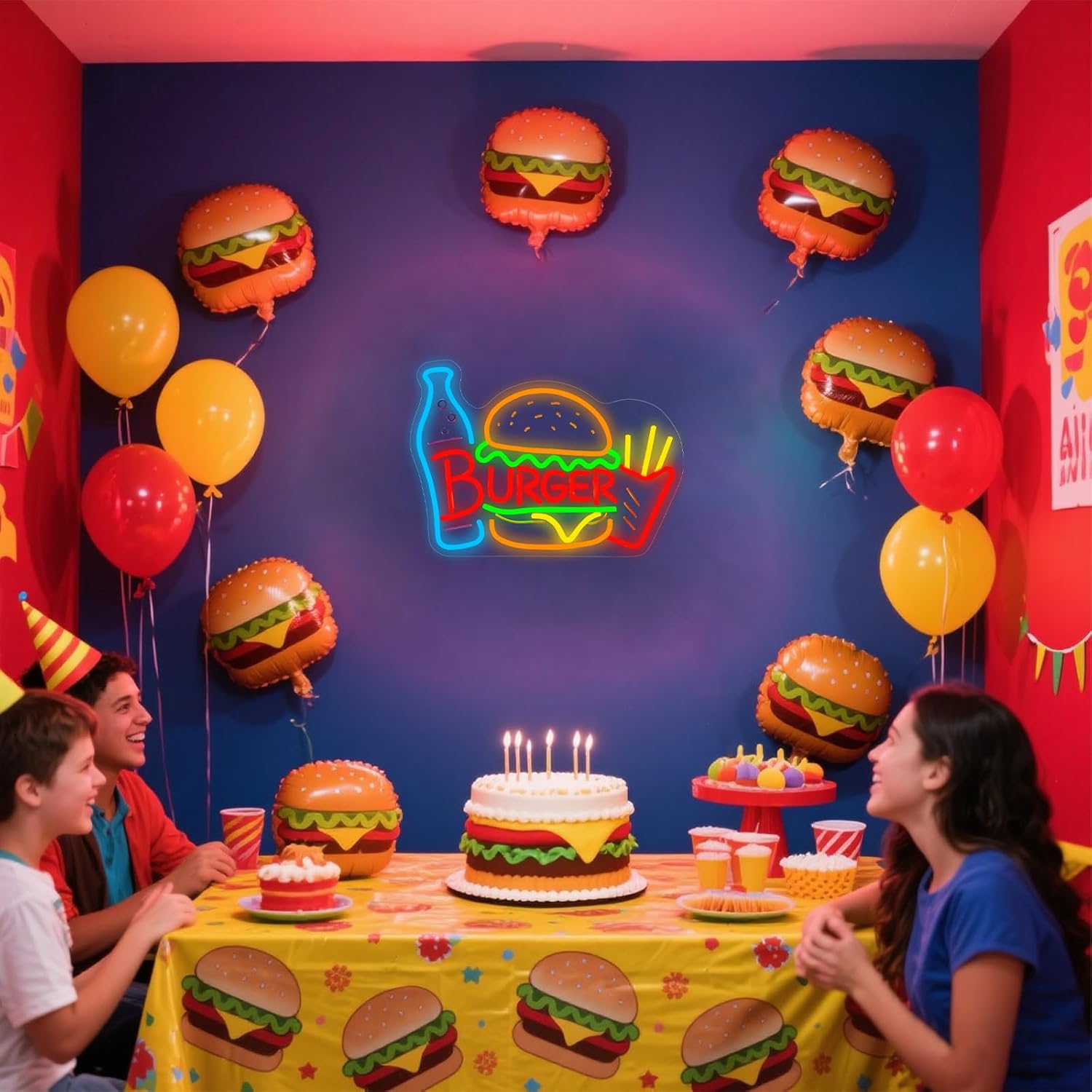 Burger & Fries Neon Sign - RDimmable Fast Food LED Light, Restaurant & Dining Room Wall Decor, Snack Bar Sign, Hamburgers Party Decorations