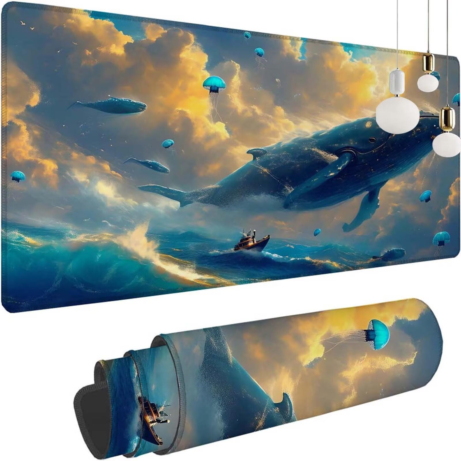 Alfombrilla Ratón Cielo Ballena Alfombrilla Ratón XXL 1400x600x3mm Mouse Pad Resiste Salpicaduras, Extendida de Gran Tamaño con Bordes Cosidos, Mejora la Precisión y la Velocidad, Antideslizante y-449